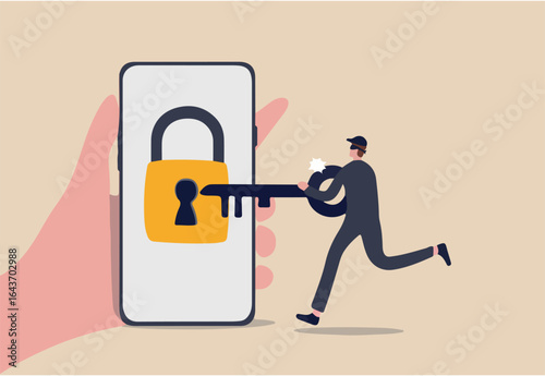 Cyber security, hacker steal money online, phishing or digital banking threat concept, hand holding mobile smart phone with lock with keyhole with criminal thief using key to unlock and steal money. 