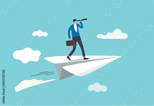 Business vision to see opportunity or strategy, discovery or visionary to look forward in business concept, confidence businessman leader on flying high paper plane looking forward through telescope.