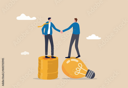 Idea pitching, fund raising and venture capital, selling business or merger agreement concept, entrepreneur businessman standing on lightbulb idea lamp shaking hands with VC on money coins stack.