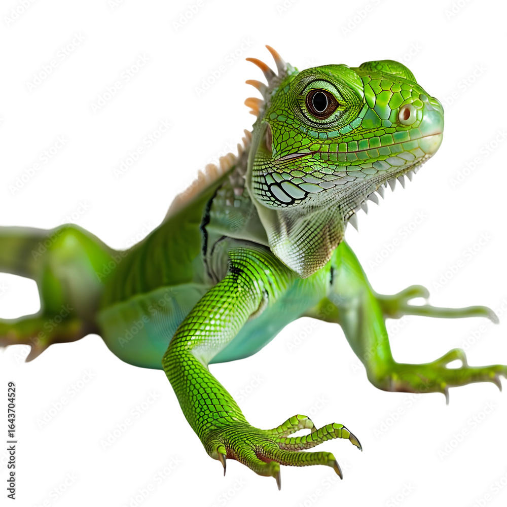 Fototapeta premium Vibrant green iguana perched gracefully, showcasing its scales and unique features in a lush environment