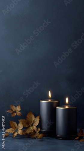 Elegant dark navy and gold halloween candle scene cozy atmosphere luxurious environment artistic viewpoint