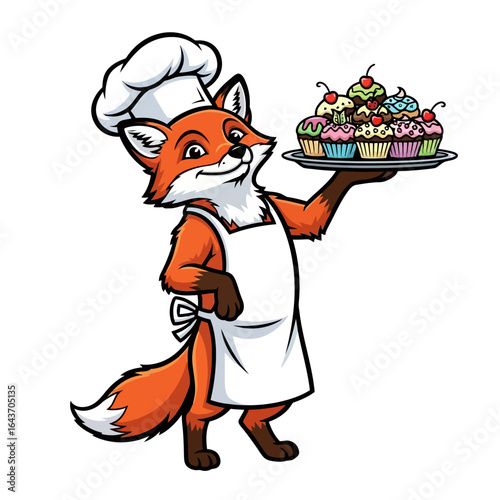 Vector art of a fox baker wearing a chef hat and apron, holding a tray of colorful cupcakes, isolated on white background