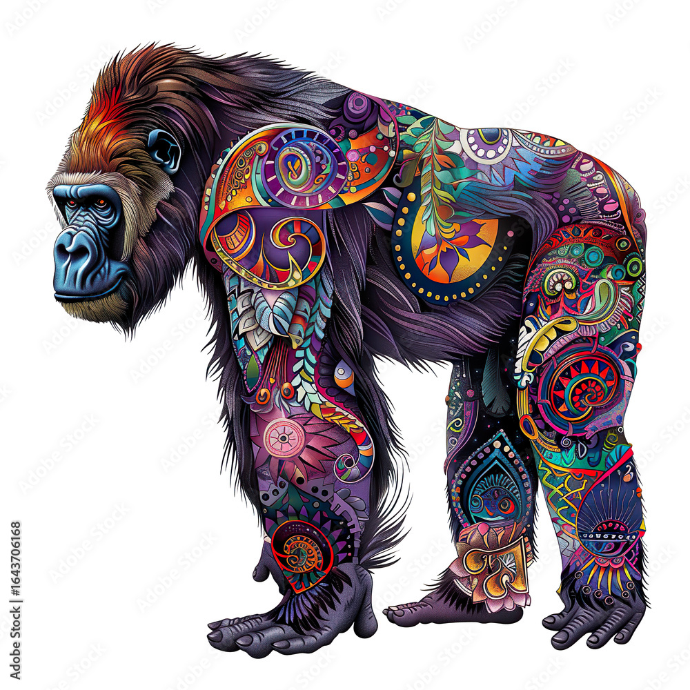 Obraz premium Vibrant and intricate artistic depiction of a powerful gorilla with colorful patterns isolated on transparent background