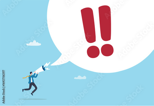 Warning message, shouting alert or danger warning, important message on loud speaker, emergency attention, safety or urgency scream concept, businessman shouting on megaphone with exclamation point.