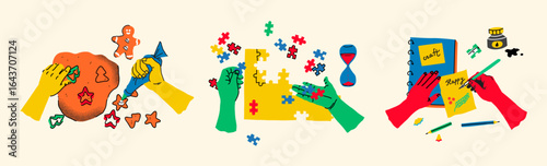 Hands engaged in various creative hobbies. Creative leisure activities fill this set as human arms actively bake, solve puzzles, and craft.