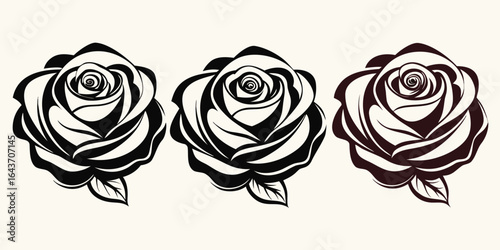 Set of three vector black silhouettes of rose flowers isolated on a white background. Red rose vector.