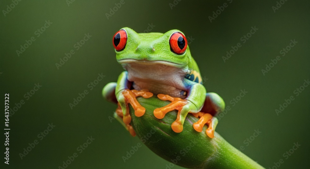 Obraz premium RedEyed Tree Frog Vibrant Jewel of Rainforest on Bud with Blurred Background.