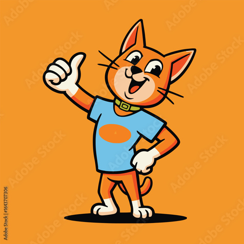 Cartoon cat in t-shirt waving on orange background