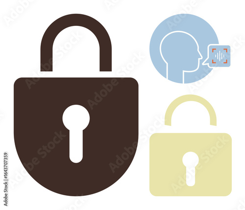 Padlocks in brown and beige, a head silhouette with voice recognition graphic. Ideal for security, privacy, authentication, technology, access control, data protection innovation. Simple flat