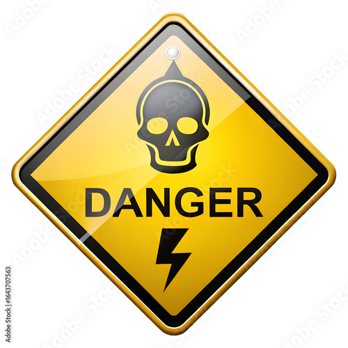 Yellow diamondshaped danger sign with a skull and lightning bolt symbol, indicating high voltage or electrical hazard, isolated on transparent background