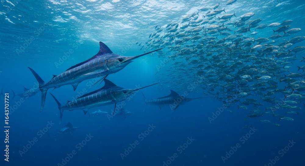 Fototapeta premium Blue Marlin Herd Chasing a School of Fish in a Vibrant Deep Blue Sea.