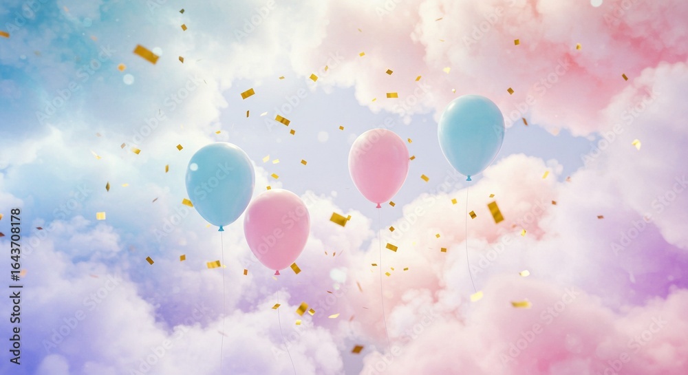 Fototapeta premium Pink and blue balloons float amidst cotton candy clouds with sprinkles of celebratory golden confetti in a soft sky.