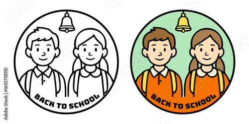 Back-to-school concept with a cheerful boy and girl wearing backpacks, smiling under a school bell, perfect for educational, seasonal, and family-oriented content.