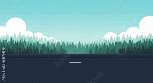 Serene Forest Landscape with a Road and Cloudy Sky