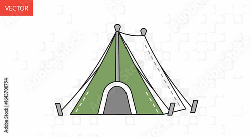 Illustration of a green canvas tent pitched for camping, featuring poles, ropes, and a closed entrance, set against a light patterned background
