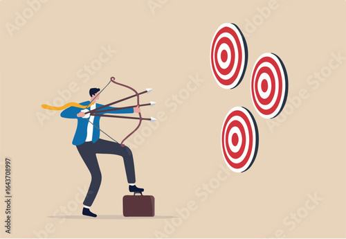 Multitasking or multiple purpose strategy, aiming for many targets or goal, skillful professional to achieve success in work and career concept, businessman aiming multiple bows on three targets. 