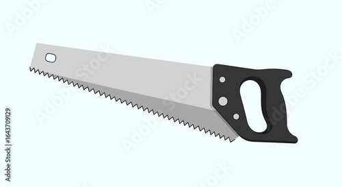 Isolated hand saw with a black handle and sharp steel blade. Vector illustration of a manual crosscut tool for carpentry, construction, and woodworking projects