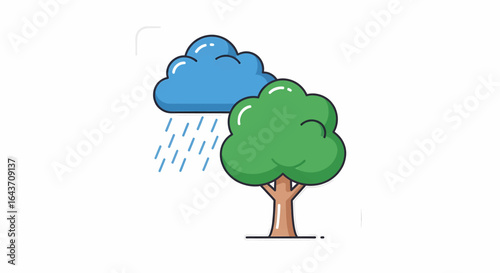 Clean and simple vector design of a rain cloud watering a tree. A flat line icon representing weather, the environment, and nature's sustenance on an isolated background
