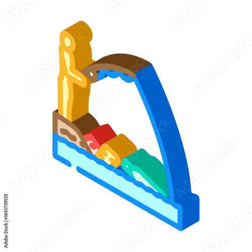 fisherman trash filled river isometric icon vector illustration