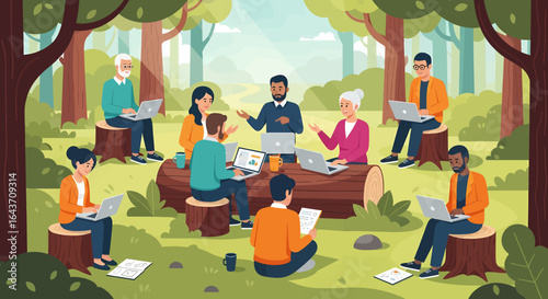 Vector illustration of a diverse corporate team collaborating outdoors during a company retreat in the woods