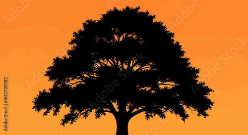 Dramatic silhouette of a solitary spreading tree against a vibrant orange sunset or sunrise sky, a vector nature graphic