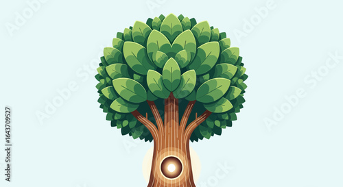 Conceptual art of a flourishing green tree, its roots centered on a glowing sphere of life force, a symbol of nature's blend