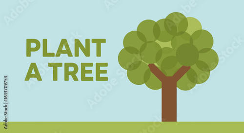Flat vector illustration promoting environmental awareness and conservation, with a simple green tree symbolizing reforestation and ecological care