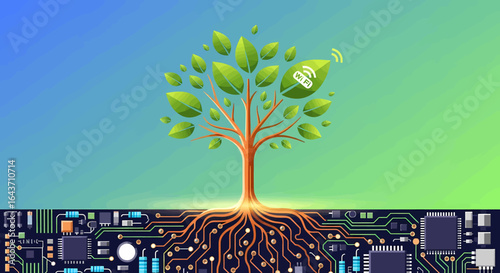 Symbolic representation of sustainable technology and environmental growth with a tree emerging from a circuit board