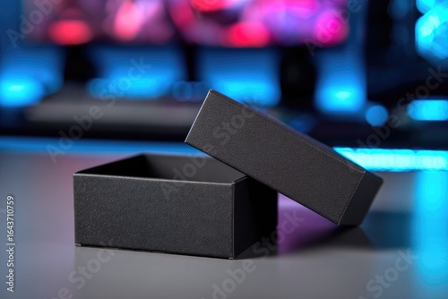 An empty, matte black square gift box sits ajar on a grey surface against a blurred backdrop of vibrant neon lights and gaming equipment