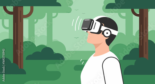 Person experiencing a simulated natural environment through virtual reality glasses. Futuristic technology for entertainment and escapism concept