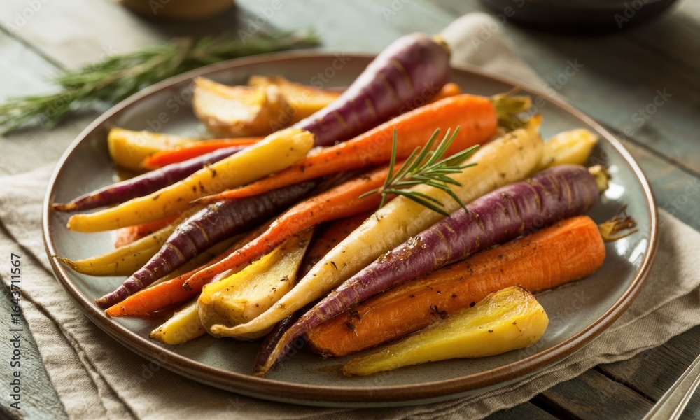 Roasted carrots and potatoes, vibrant colors Roasted carrots and potatoes, vibrant colors