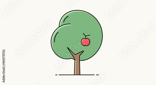 A whimsical cartoon illustration of a lush green tree with a single red apple, set against a plain background