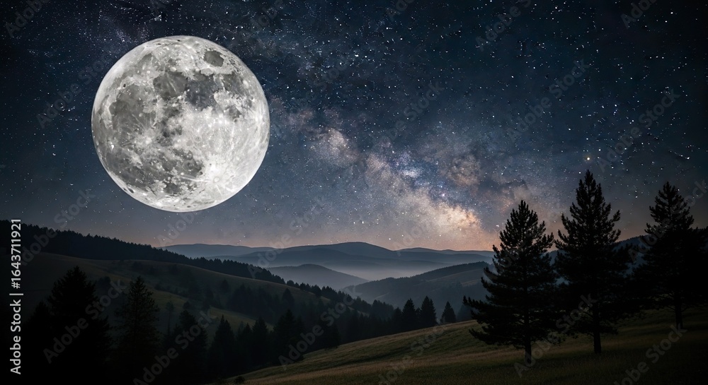 Fototapeta premium Bright Full Moon and Milky Way Galaxy Over Dark Mountain Night Landscape