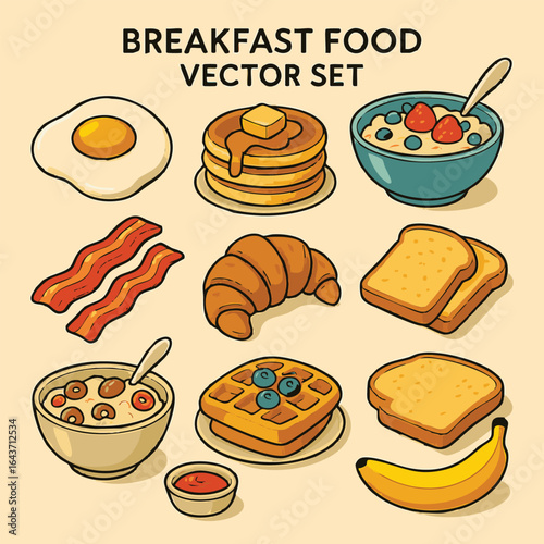 Delicious breakfast food vector set featuring egg pancakes cereal bacon croissant toast waffle banana and jam for morning meal concepts