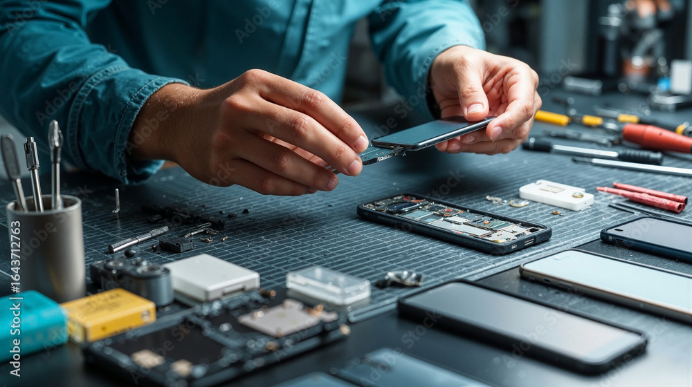 Fototapeta premium Hands of professional technician assembling smartphone components on modern electronics repair station table