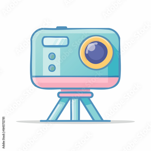 Illustration of a stylized blue action camera on a mini tripod isolated