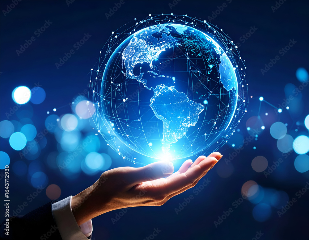 A globe held in a hand, illuminated with digital connections. A globe held in a hand, illuminated with digital connections.