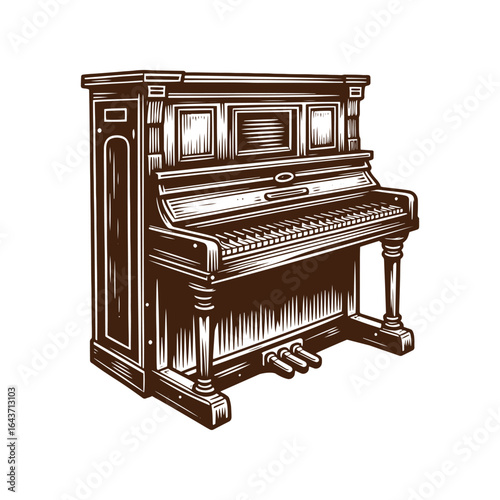 Old Western Saloon Piano with Missing Keys – Black and White Vector Illustration