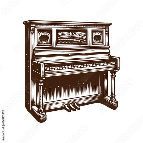 Old Western Saloon Piano with Missing Keys – Black and White Vector Illustration