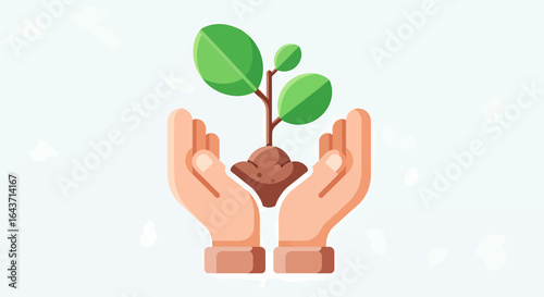 Hands cradling a tiny plant in a nurturing illustration, centered view of gentle care from a cartoon perspective