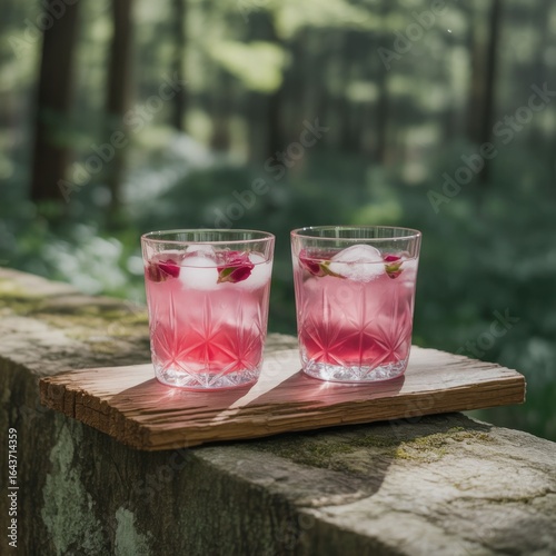 Two pink drinks with rose petals on a wooden board in a forest