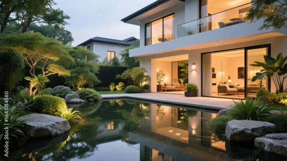 Fototapeta premium Modern two-story house with a serene garden and reflective pond at dusk