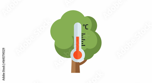 Observing a minimalist tree with thermometer integrated into its foliage, depicting temperature in a clean white environment from a centered viewpoint
