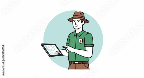 Cartoon park ranger checking tablet in a bright park setting, front view illustration with blue backdrop and detailed uniform