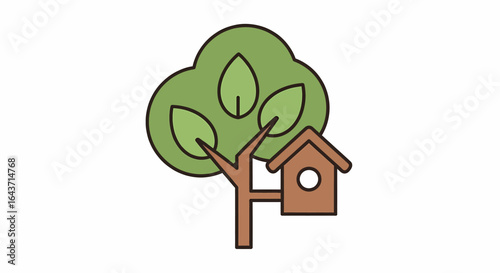 A whimsical illustration of a solitary tree with a birdhouse perched on a branch, viewed from a front perspective in a clean white setting