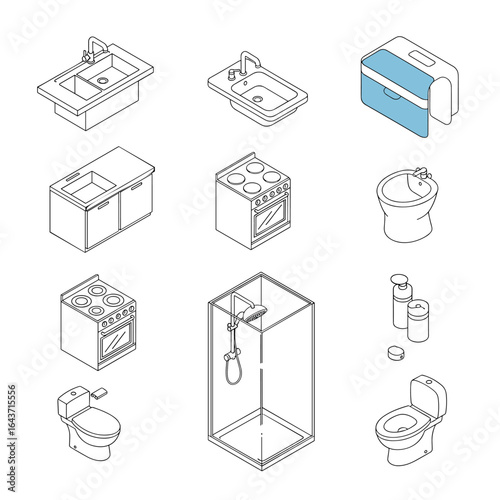 Collection of isometric kitchen and bathroom fixtures and appliances for home design