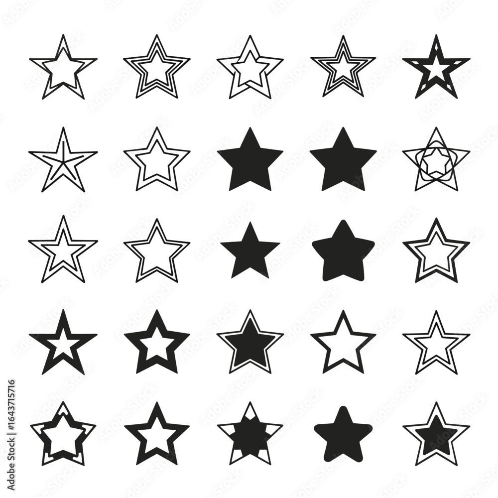 Fototapeta premium Collection of stylized star icons featuring outline and solid fill designs