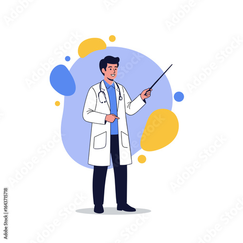 Doctor in medical coat explaining with pointer stick and stethoscope