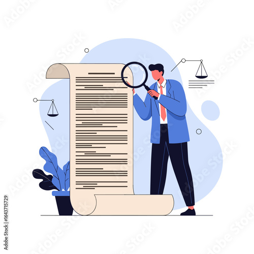 Legal professional carefully reviewing contractual document with magnifying glass