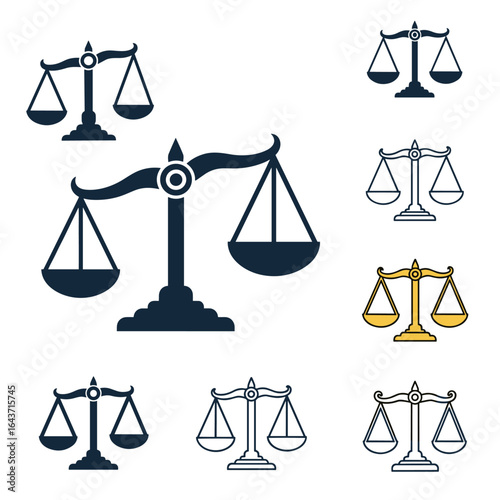 Set of justice scales icons representing balance and law